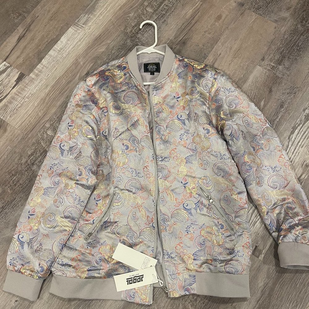 Jogal Men's Luxury Paisley Floral Embroidered Satin Bomber Jacket - BNWT
